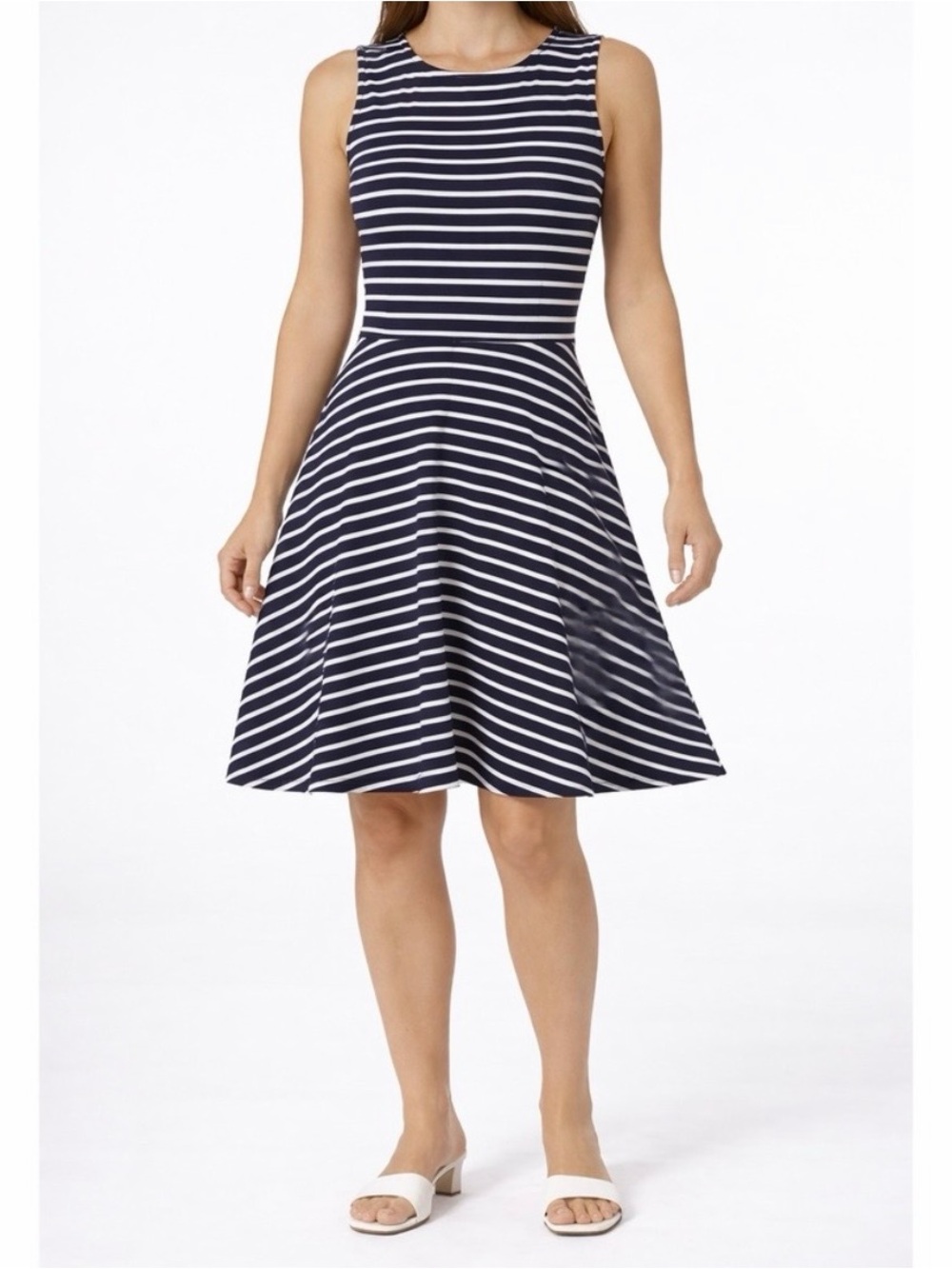 Talbots Blue White Striped Sleeveless Fit-Flare Knit Dress Size M NEW Nautical